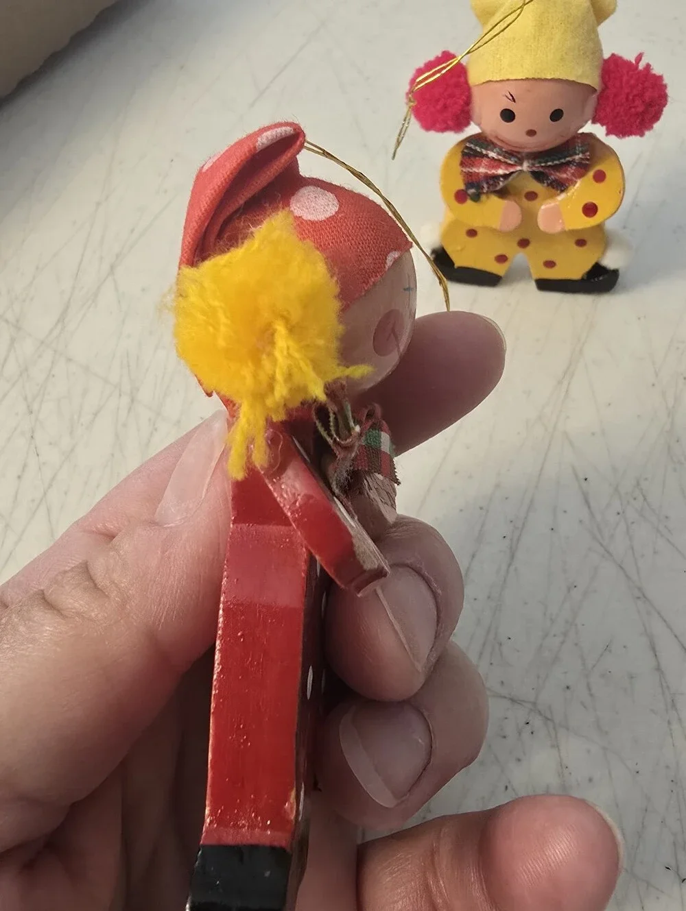 Vintage Wooden Clown Christmas Ornaments Set Of 2 Handpainted 3.5